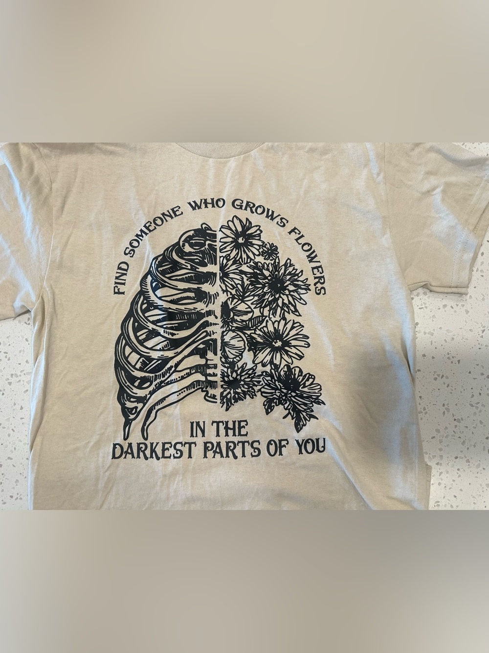 Gildan Beige Tee with Black Ribcage & Floral Graphic - Picture 4 of 5